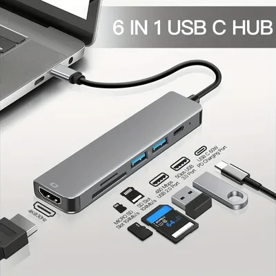 6 in1 USB C Hub Multiport Adapter 6-in-1 with 4K@30Hz HDTV 100W Power Delivery USB 3.0 Data TF/SD