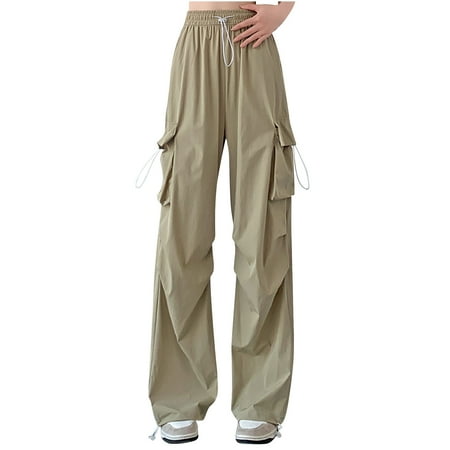 RYRJJ Baggy Parachute Pants for Women& Girls Drawstring Elastic High Waist Ruched Cargo Pants Multiple Pockets Jogger Y2K Wide Leg Trousers(Khaki S)