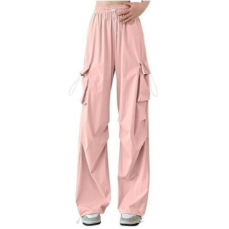 RYRJJ Baggy Parachute Pants for Women& Girls Drawstring Elastic High Waist Ruched Cargo Pants Multiple Pockets Jogger Y2K Wide Leg Trousers(Pink L)