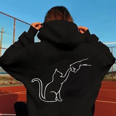 TEMU Cat And Kangaroo Pocket Hoodie, Casual Long Sleeve Drawstring Hoodies Sweatshirt, Women's Clothing Image