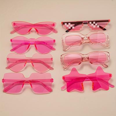 TEMU 8pcs Cute & Fun Pink Pc Decorative Glasses - Parties, Birthdays & Photo Props | Includes Heart, Star, Checkered, And Square Frames