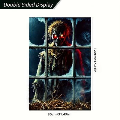 TEMU Double-sided Spooky With - Window Cover, Polyester, 31.49x47.24in, Festive Photo Backdrop For Indoor & Outdoor Decor, & Party Supplies