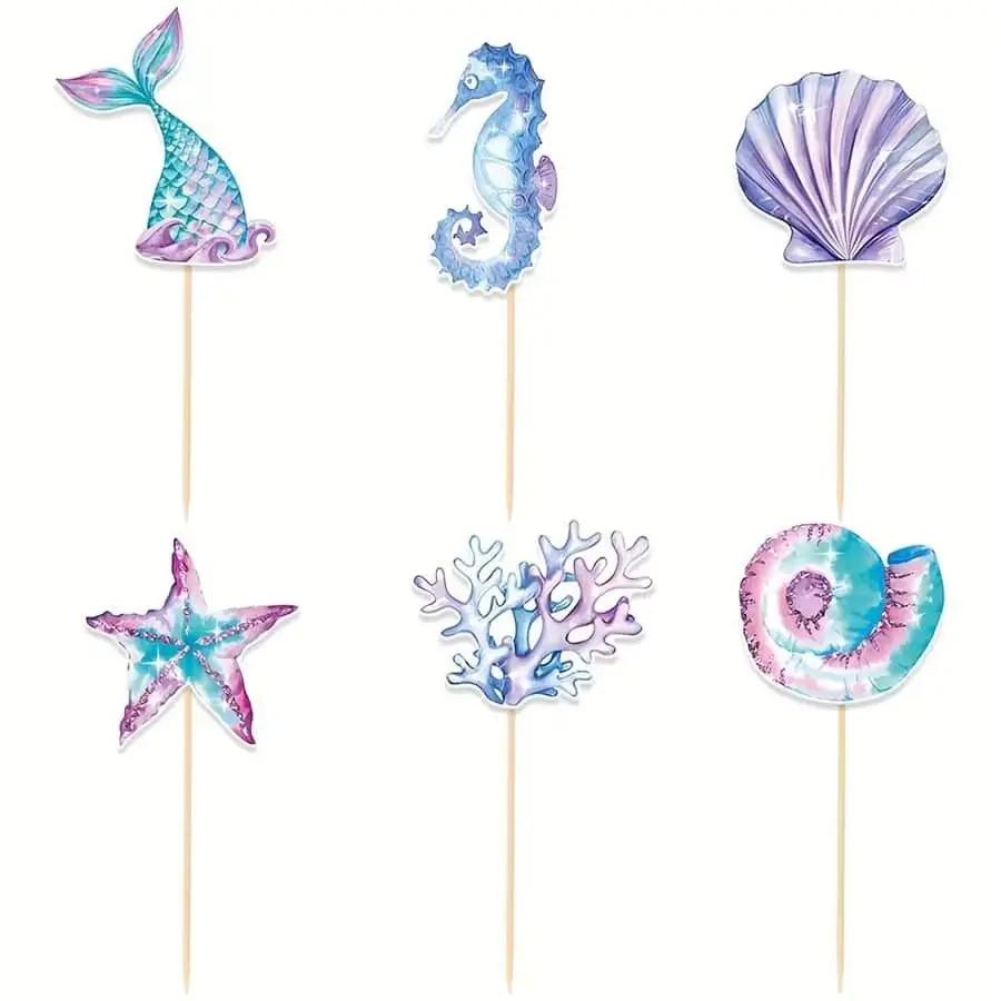 6 pezzi, decorazioni per feste di compleanno a sirena, toppers per torte, toppers per cupcake, forniture per decorazioni per feste