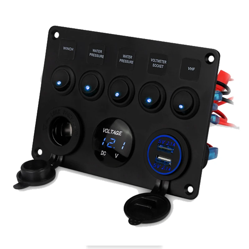 5 Gang 12 V 24 V Auto Marine Schalttafel Wasserdichte digitale Spannungsanzeige Dual USB Ladegerät Ein-Aus Boot Yacht Rocker Panel Schalter Image