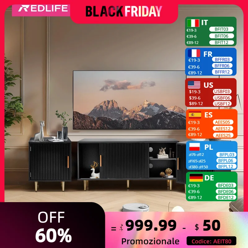 REDLIFE Kombinierter TV-Ständer, Entertainment-Center mit Ablagefach für 32–80 Zoll TV-Medienkonsole – TV-Tisch für Wohnzimmer und Schlafzimmer