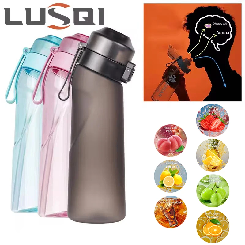 LUSQI 650 ml Luftgeschmack-Wasserflasche mit 7 Stück zufälligen Geschmackspullen, Sport-Strohbecher, Tritan für Outdoor-Sportarten, Fitness, BPA-frei Image