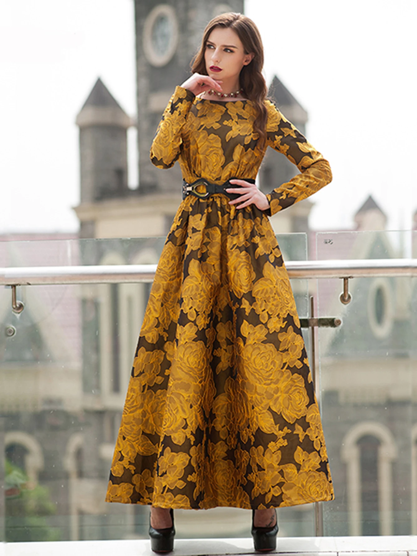 Elegante Frauen Blumen lange Maxi kleid Jacquard Abend party Boho Herbst Winter Vintage Kleid Damen A-Linie Robe
