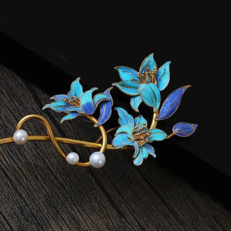 Leichte Luxus Emaille Perle Hanfu klassische elegante erfrischende blaue Lilie Blume Tiara Mode accessoires Qipao Haarschmuck Image