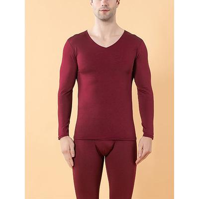 Men's Thermal Underwear Sleepwear Thermal Set 2 Pieces Plain Warm Fashion Casual Home Daily Bed Polyester Comfort Warm Soft V Neck Long Sleeve T shirt Tee Pant Fall Winter Black Wine