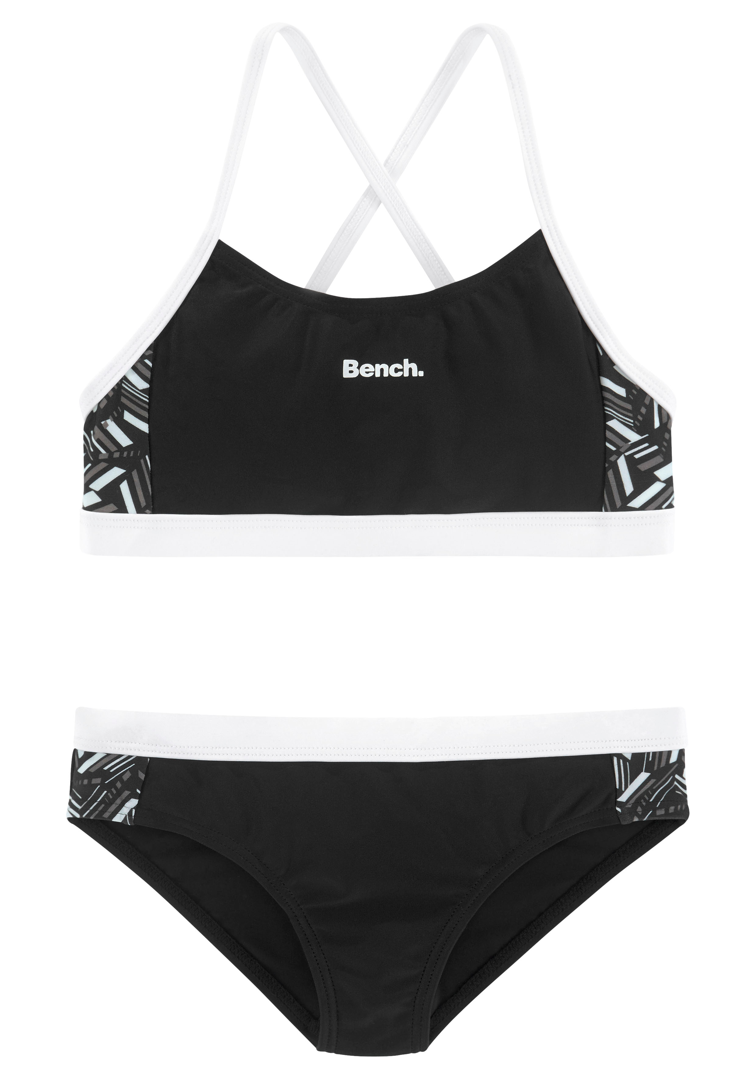 Bustier-Bikini BENCH., Kinder, Gr. 158/164, N-Gr, schwarz-weiß (schwarz, weiß), Polyamid, unifarben mit Farbeinsatz, Bikini-Sets, mit geometrische bedruckten Einsätzen Image
