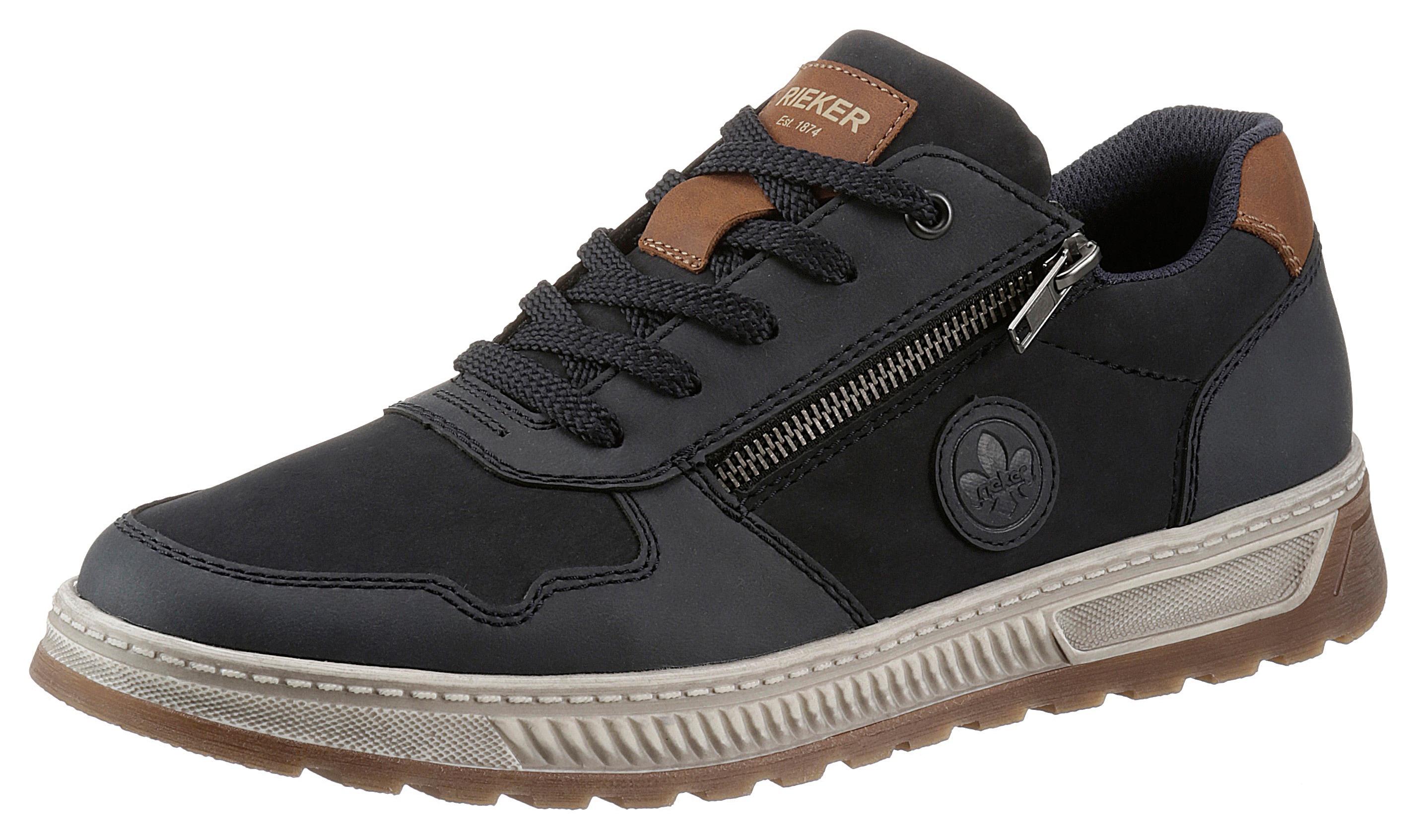 Sneaker RIEKER, Damen, Gr. 46, bunt (dunkelblau, braun), Nubuklederimitat, unifarben mit Farbeinsatz, Schuhe Sneaker, Freizeitschuh, Halbschuh, Schnürschuh mit Kontrastbesatz, Topseller