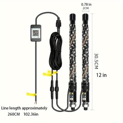 TEMU 2pcs 12inch Rgb Led Whip Light Flagpole Remote Control And App Control Color Changing Light Spiral Rgb Antenna Whip Music Whip Light, Suitable For Rzr Sxs Can Am Off-road Truck