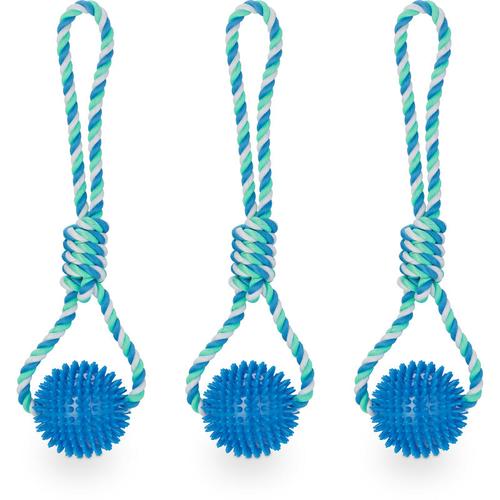 Relaxdays - Hundespielzeug Ball mit Seil, 3er Set, Wurfball für Hunde, ø 8,5 cm, Hundeball