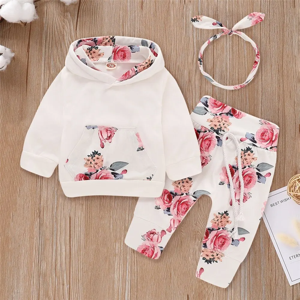 0-18 Monate Kleinkind Baby Mädchen 3 Stück Kapuzen kleidung Set Blumen Druck Langarm Top + Howknot Stirnband Mode Herbst Outfit Image