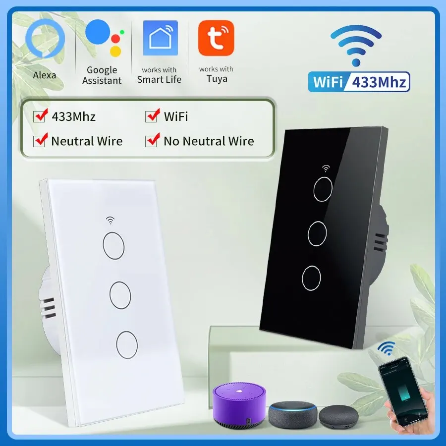 Tuya WiFi Smart Licht Schalter Neutral Draht/Kein Neutral Draht Erforderlich Wand Touch Schalter 1/2/3 Gang schalter Für Alexa Google Hause Image