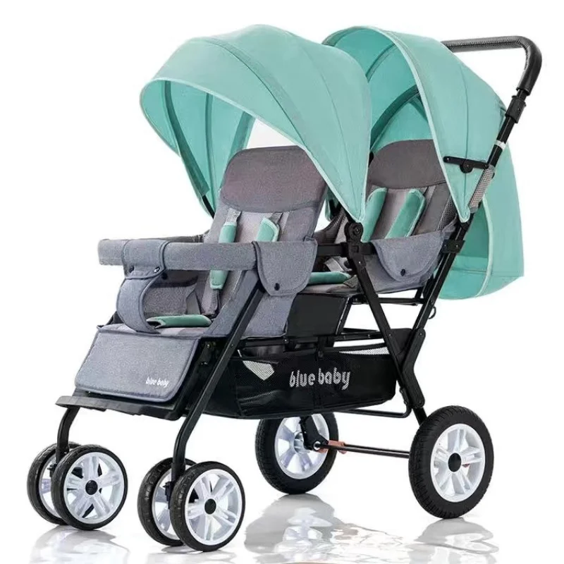 Zwillingskinderwagen zum Sitzen und Liegen, tragbar, faltbar, mit Doppel-Vorder- und Rücksitz, für zwei Kinder, Doppelkinderwagen Image