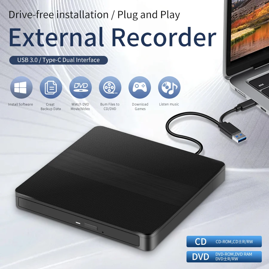 2-in-1 USB3.0 Typ-C Slim Externer DVD RW CD-Brenner Laufwerk Brenner Leser Player Optische Laufwerke für Laptop PC DVD-Brenner tragbar Image