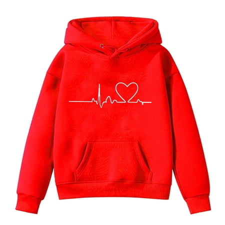 Otqutp Crewneck Tops for Baby Boys Girls Fall Winter Electrocardiography Print Throw Rope Hooded Sweatshirts Padded Pocket Sweater(Red 8-9 Years)