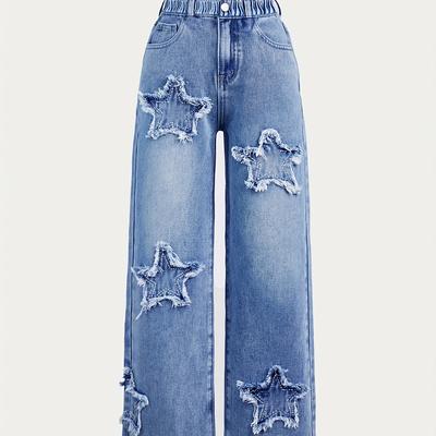 TEMU Trendy Heart Patch Embroidered Straight Jeans For Girls, Relaxed Fit Elastic Waist Versatile Denim Trousers