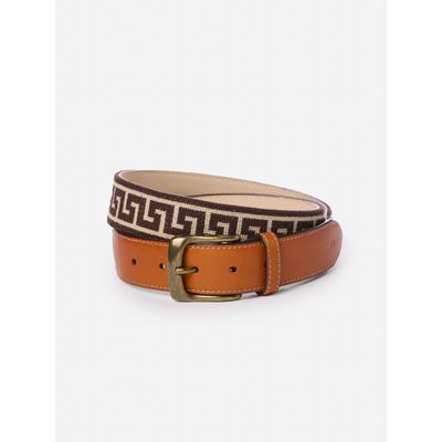J.McLaughlin Men's Needlepoint Belt in Greek Key Dark Brown/Brown, Size 32 | Cotton/Leather