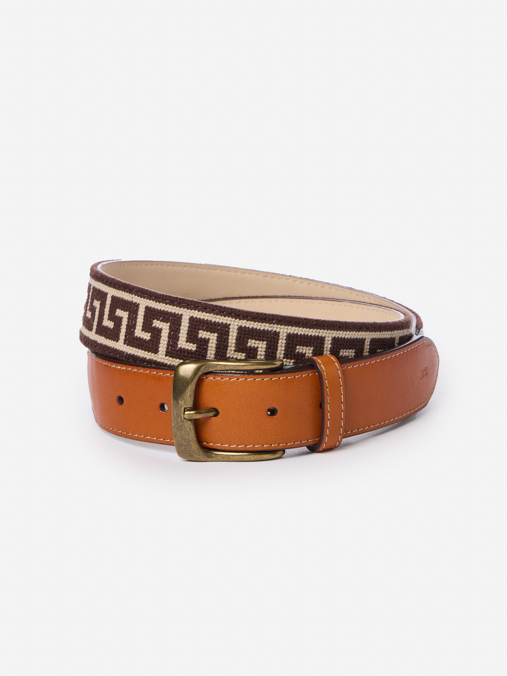 J.McLaughlin Men's Needlepoint Belt in Greek Key Dark Brown/Brown, Size 42 | Cotton/Leather