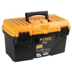 Perel Werkzeugkasten, Polypropylen, herausnehmbarer Werkzeugträger, aufklappbarer Tragegriff, Kunststoffverschlüsse, Schwarz/Gelb, 432 x 250 x 238 mm Image