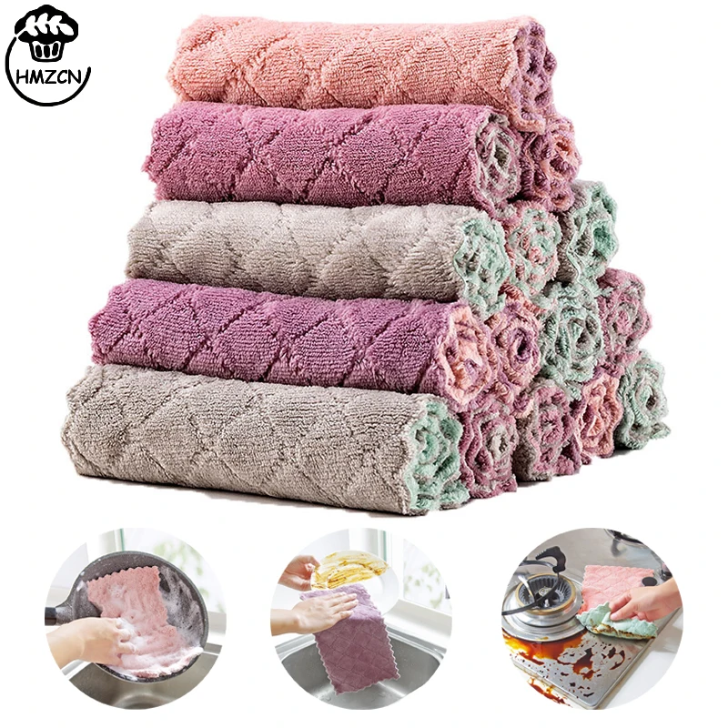 Chiffons à vaisselle en microfibre 5 pièces, serviettes de vaisselle polyvalentes pour la vaisselle, chiffons de nettoyage Double face, tampons à récurer, nettoyage