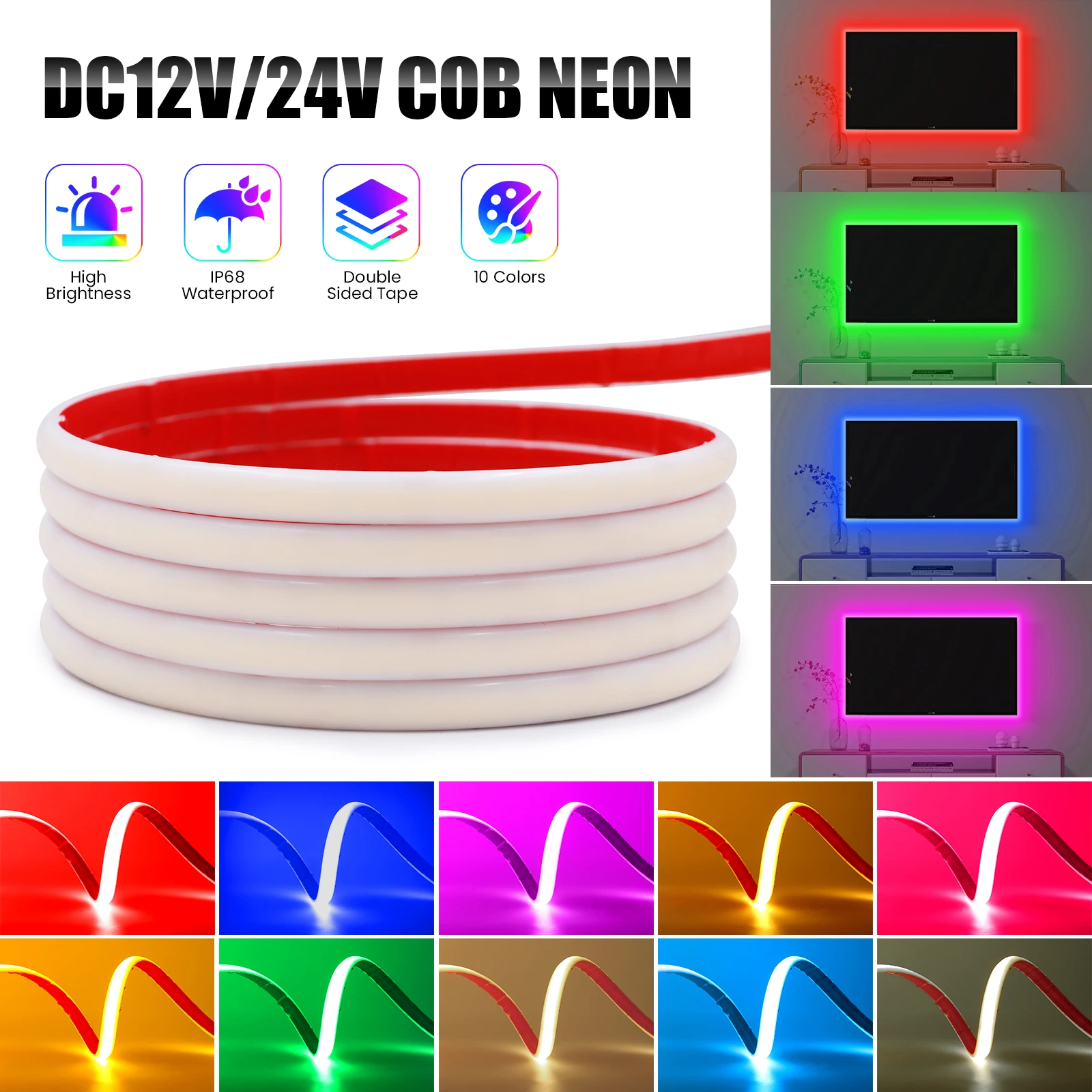 Cob led streifen licht ip68 wasserdicht 12v/24v 120leds/m flexibles band band lineare beleuchtung weiß/eisblau/pink/gelb/pink/rot Image