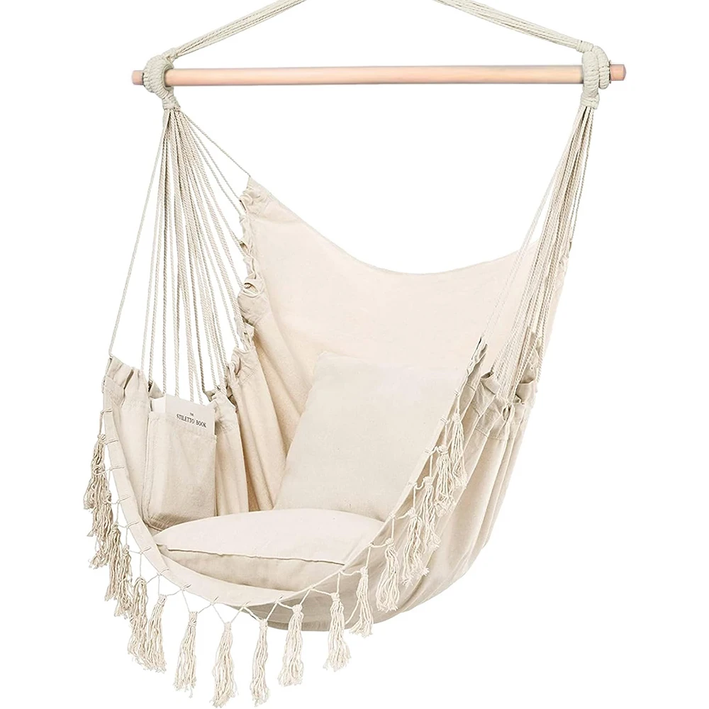 Makramee-Hängesessel mit 2 Kissen | Baumwollseilschaukel mit 500 Pfund Kapazität | Taschendesign für den Innen- und Außenbereich Image