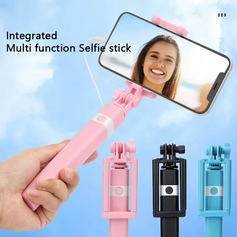 Neuer draht gesteuerter Selfie-Stick pink/blau/schwarz geeignet für Typ-C-Stecker Schrumpfung 18cm Stretch 74cm Mini tragbarer Selfie-Stick Image