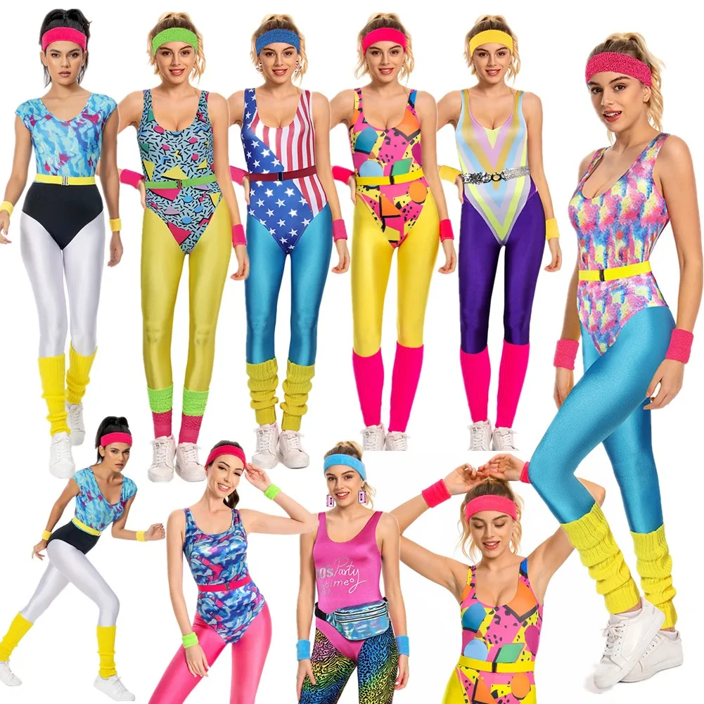 Erwachsene Sport bekleidung 6 teile/satz 80er Jahre 90er Jahre Legging Cosplay Retro-Kostüm für Halloween Stirnband Frauen Outfits Karneval Verkleidung Anzug Image
