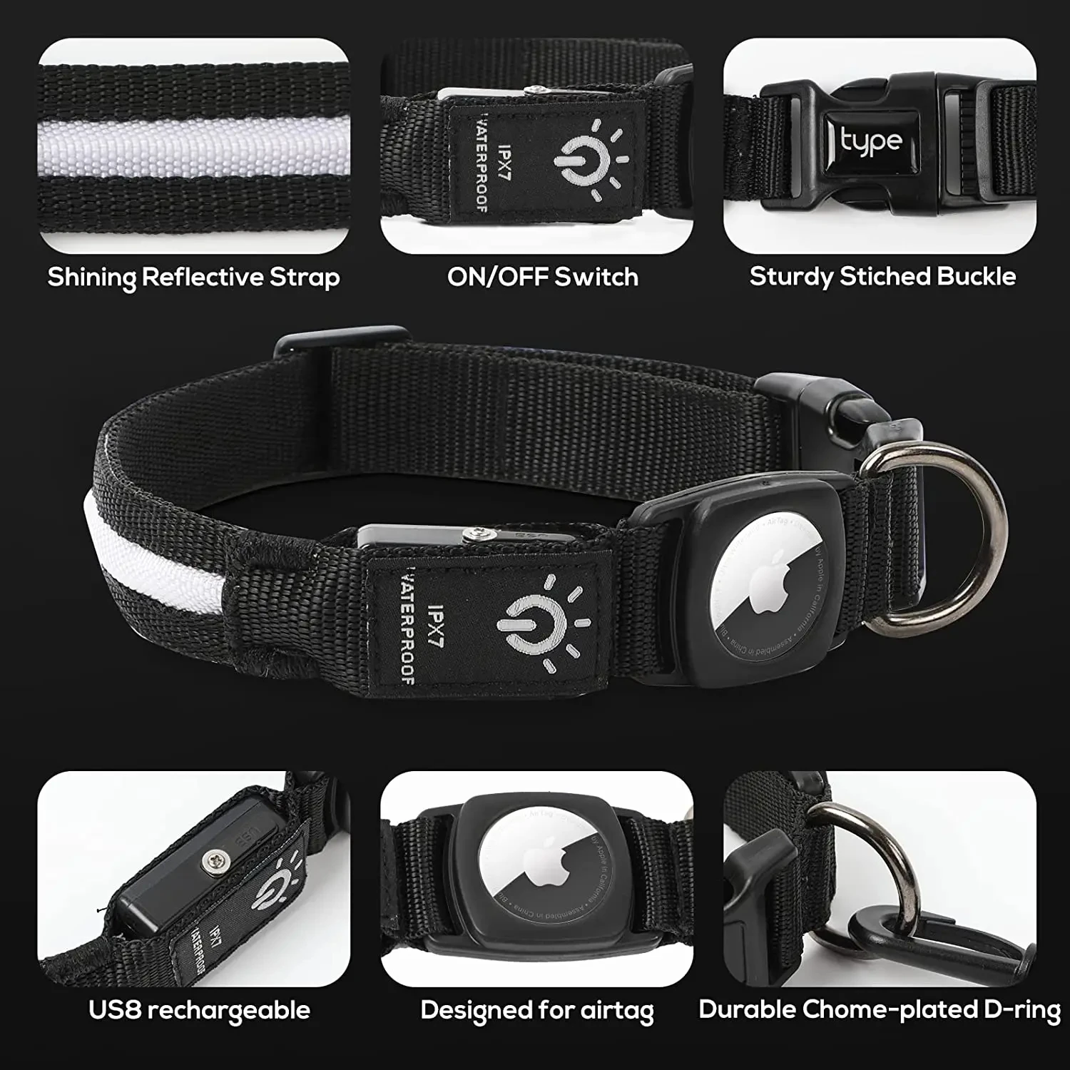LED Hunde halsband für Apple Airtag Finder wasserdicht Licht USB kosten pflichtig Airtag Halsband Haustier Zubehör für Welpen mittelgroße Hunde Image
