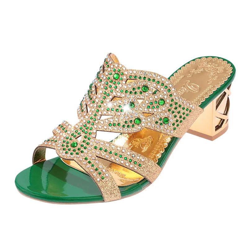 Schuhe für Damen, 35–41, Sommer, elegante Bohemia-Strass-Sandalen für Damen, dicke High-Heels-Sandalen, Slip-on-Strand-Hausschuhe