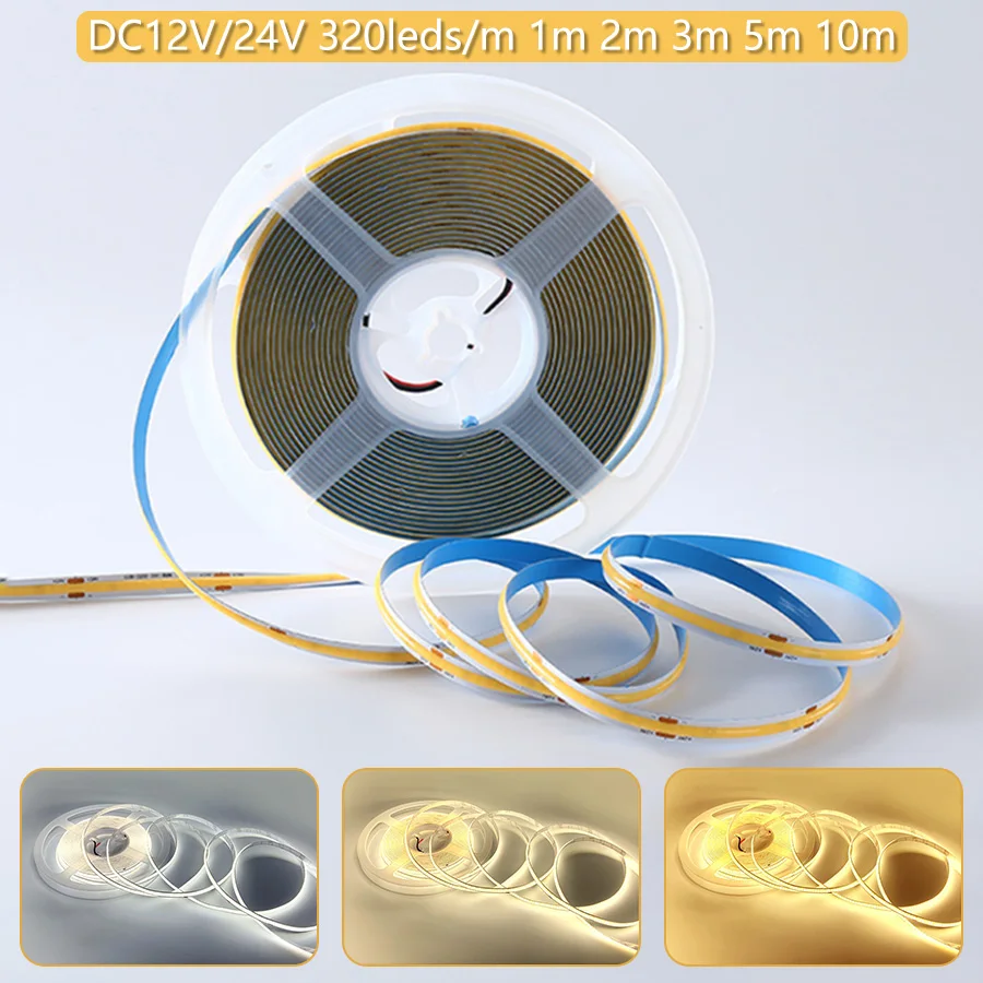 COB-LED-Streifenlicht, DC 12 V, 24 V, 320 LEDs, flexible COB-LED-Leuchten, warm, kühles Weiß, lineares LED-Band, dimmbar, Raumdekoration