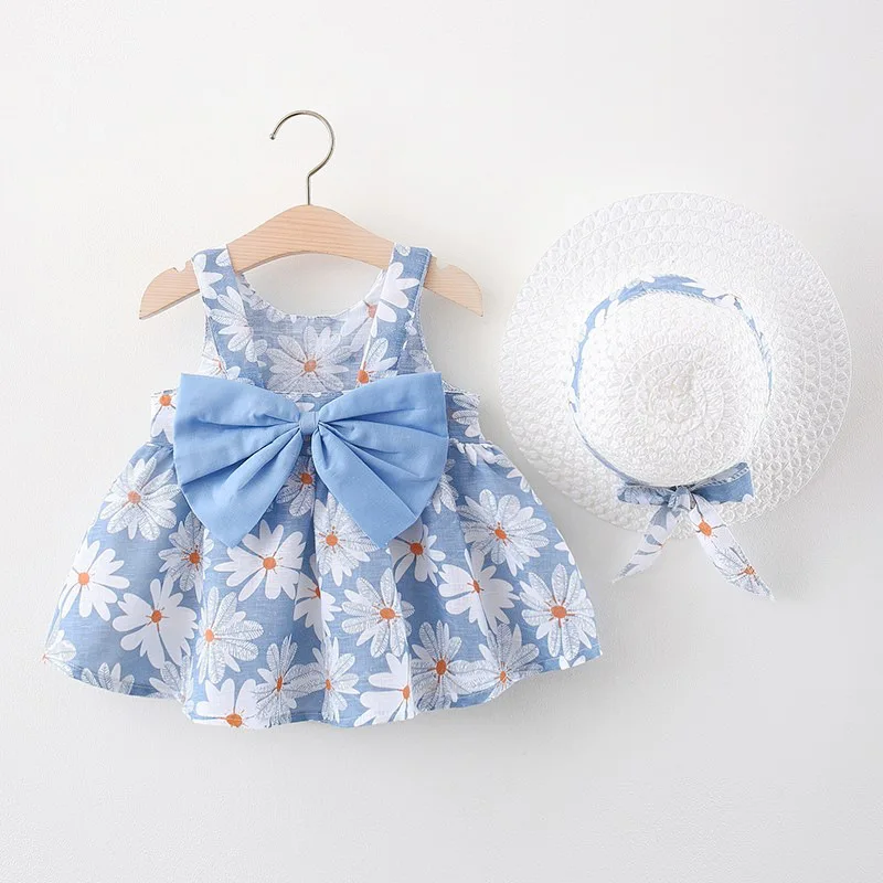 Sommer neues Baby Mädchen Kleid Blumendruck kleine Gänseblümchen mit großer Schleife + Hut Süßes Prinzessinnenkleid Urlaubsstil leichtes Kleid Image