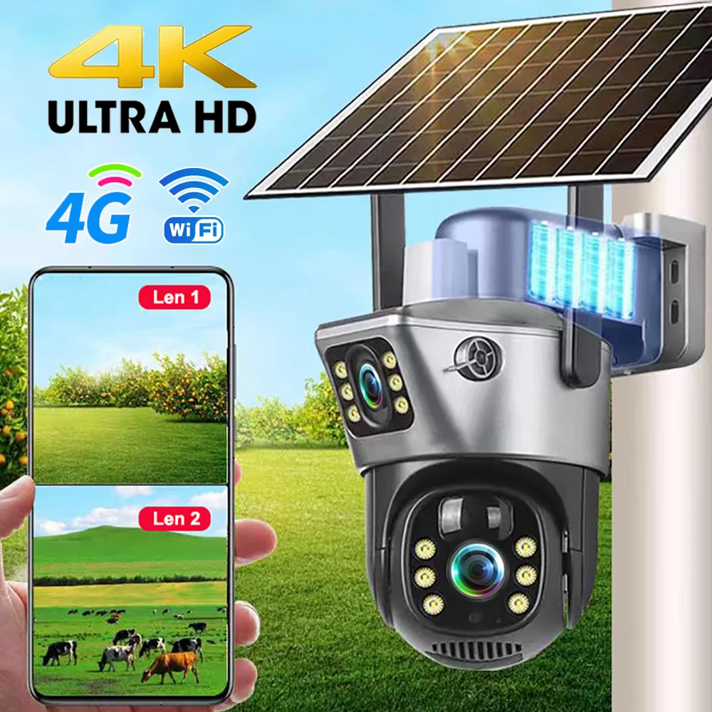 Telecamera Solare 4G / WiFi con Doppia Lente per Esterni, 8MP 4K, Batteria a Basso Consumo, Telecamera IP con Visione Notturna PIR, V380 Pro, Protezione di Sicurezza CCTV