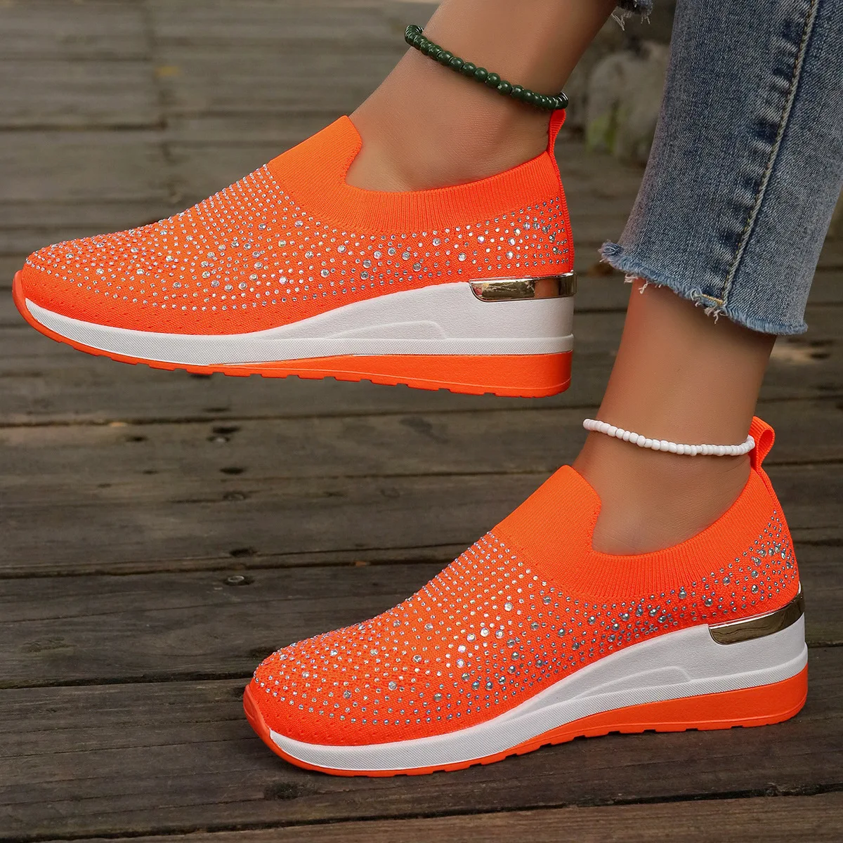 Orange Strass Casual Sneakers Atmungsaktive Keil Frauen Leichte Schuhe Slip On 2024 Neue Bequeme Frühling Mesh Sport Schuhe