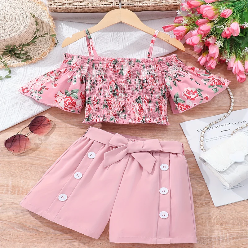 Zweiteiliges Sommer mädchen niedlichen atmungsaktiven Druck von Schulter Hosenträger Kurzarm Shorts Prinzessin Geburtstags feier Kostüm Set Image