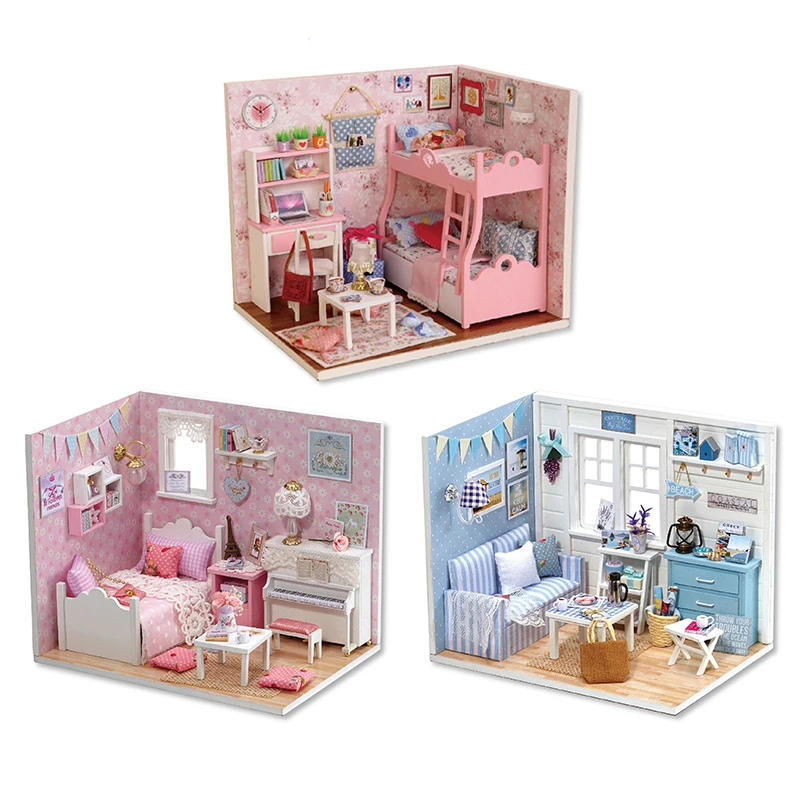 Holz Mini Puppenhaus montiert Modellbau kleines Haus Kit 3D Puzzle Spielzeug Schlafzimmer Dekoration mit Möbel Geschenke Puppenhaus