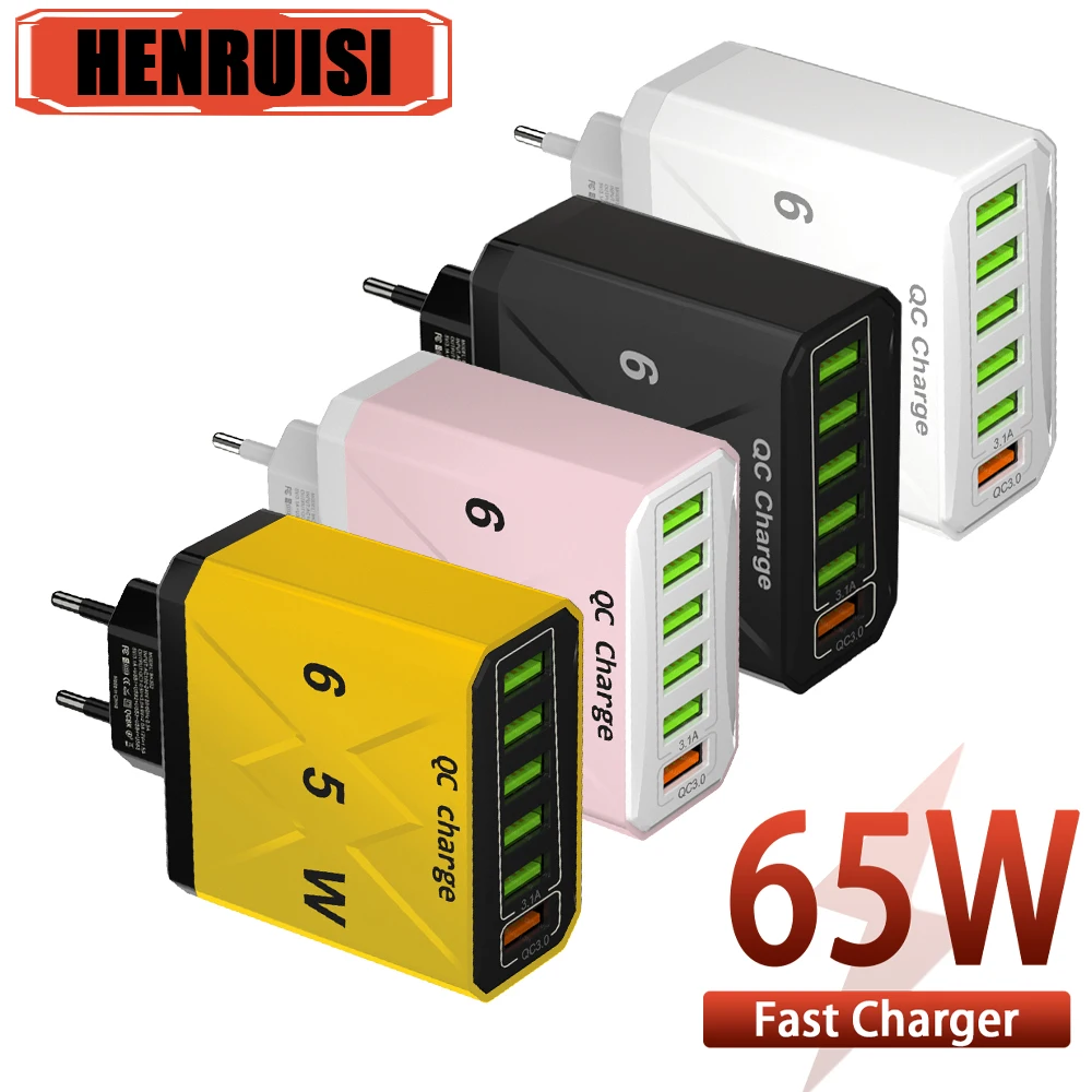65 W 6 Ports USB Ladegerät Schnelle Lade QC3.0 Reise Ladegerät Für iPhone 15 Samsung Xiaomi Telefon Tablet Adapter EU KR UNS UK Stecker Image
