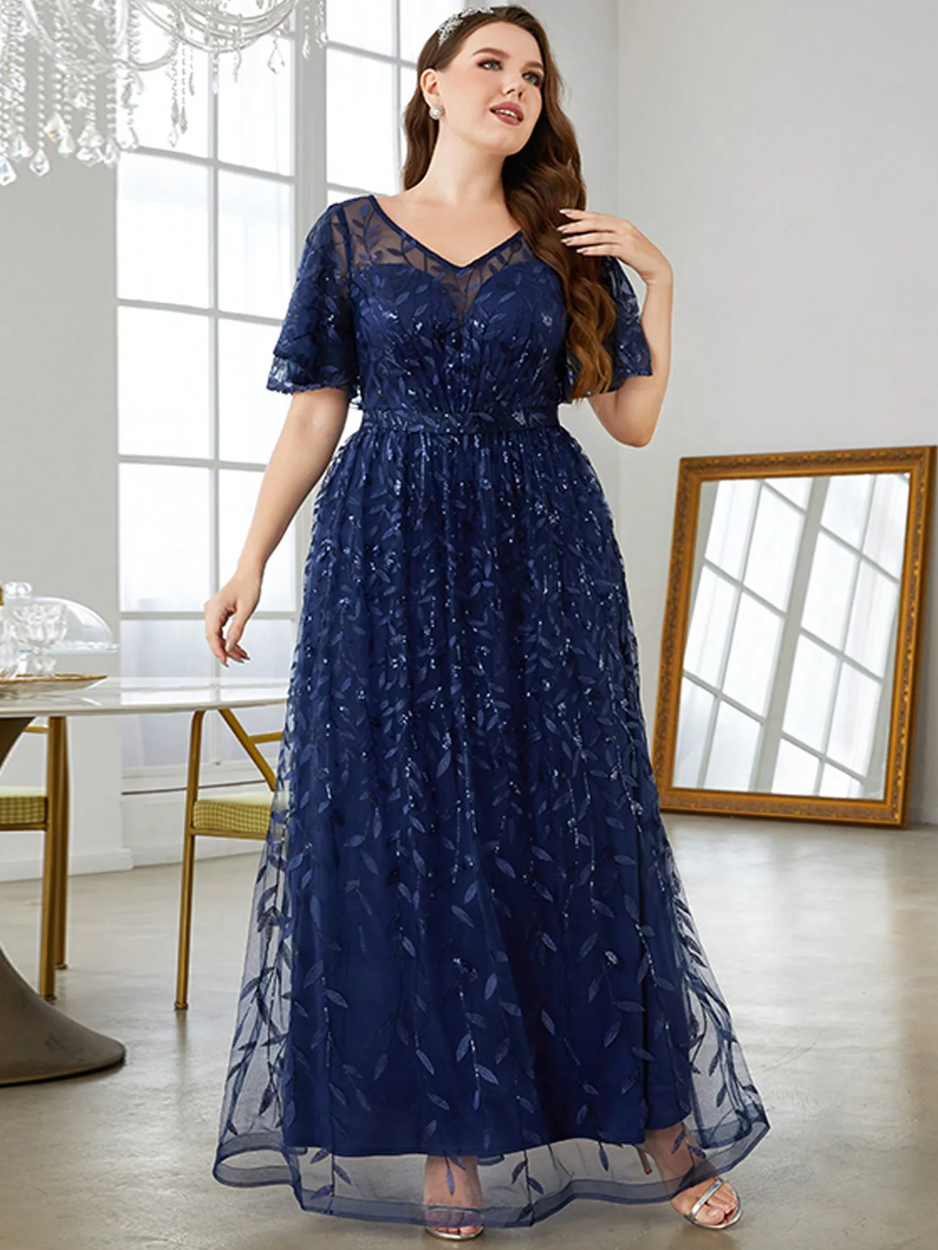 Mgiacy V-Ausschnitt halb transparent sexy ausgestellte Ärmel große Pailletten besticktes Netz kleid langes Abendkleid Ballkleid Party kleid