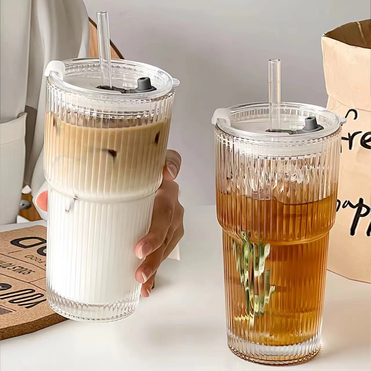 600 ml Streifen Kaffee Glas Tasse Transparent Glas Tasse Mit Deckel und Stroh Eiskaffee Becher Saft Milch Tee Wasser Tasse drink Image