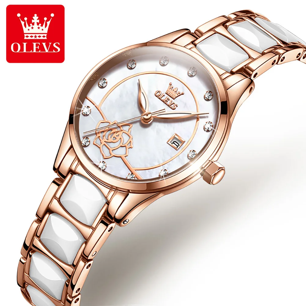 Olevs Damen uhr Luxus Quarz japanische Uhrwerk exquisite Rose wasserdichtes Zifferblatt elegante Keramik Damen uhr