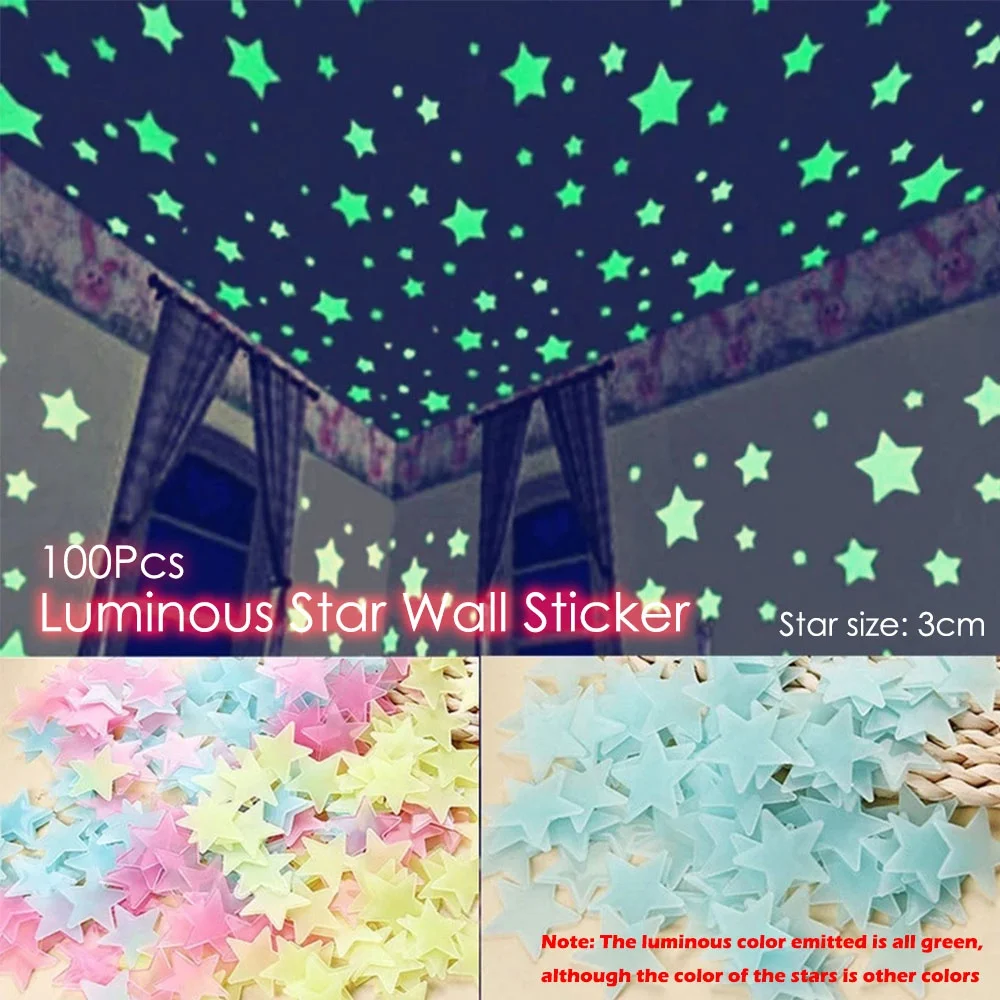100pcs 3cm Nachtlicht aufkleber, leuchtender Wanda uf kleber, fluor zieren der Aufkleber, blau gelb rosa drei Nachtlicht stern aufkleber