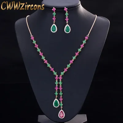 CWWZircons Schöne Grün und Rot CZ Zirkonia Stein Schmuck 4 Blatt Lange Tropfen Partei Halskette