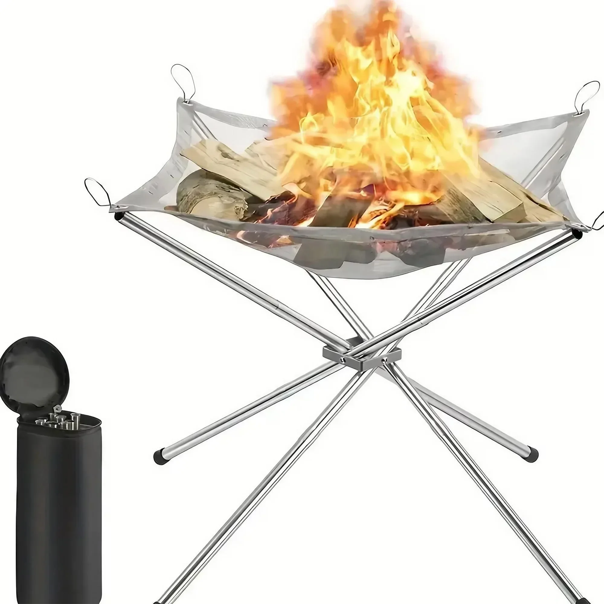 Zusammenklappbare tragbare Camping-Feuerstelle aus Stahlgeflecht, holzverbrennendes Lagerfeuerregal für den Außenbereich, Feuerstelle aus Edelstahl, mit Tragetasche Image
