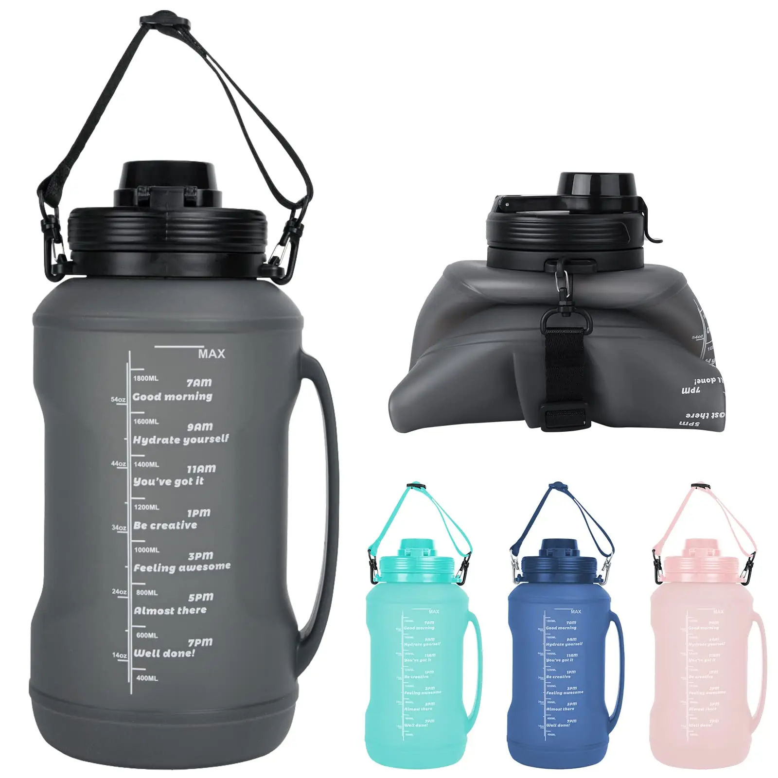 Zusammenklappbare 64oz/2L Wasserflasche mit Griff und Strohhalm, große Kapazität, faltbare Silikon-Wasserflasche, Sport-Wasserbecher im Freien Image