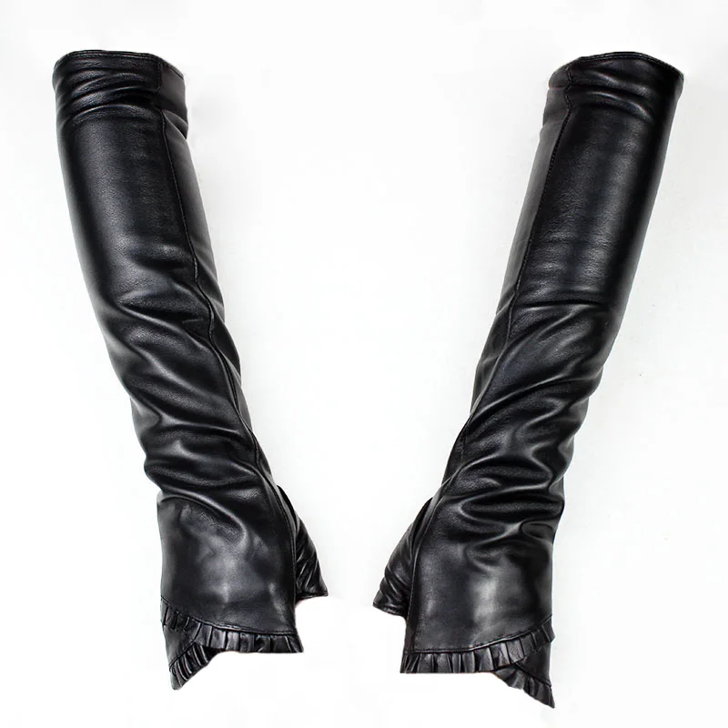 Lange Schaffell Finger Leder Handschuhe frauen Mode Neue Dicke Samt Futter Herbst und Winter Warme Halbe Finger Ärmeln