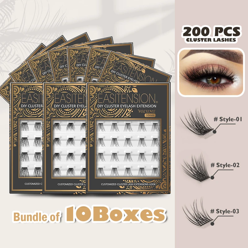 EASITENSION 200 PCS 10 Boxen DIY Cluster Wimpern Natürliche Einzelne Bündel Wimpern Verlängerung 3D Volumen Wirkung Faux Wimpern Image