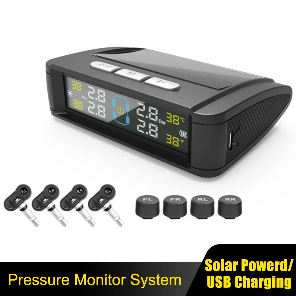 Reifendruckkontrollsystem, automatische Sicherheitsalarmsysteme, solarbetriebener/USB-betriebener Reifentemperaturüberwachungsmonitor, Auto-TPMS, 4-Sensoren Image